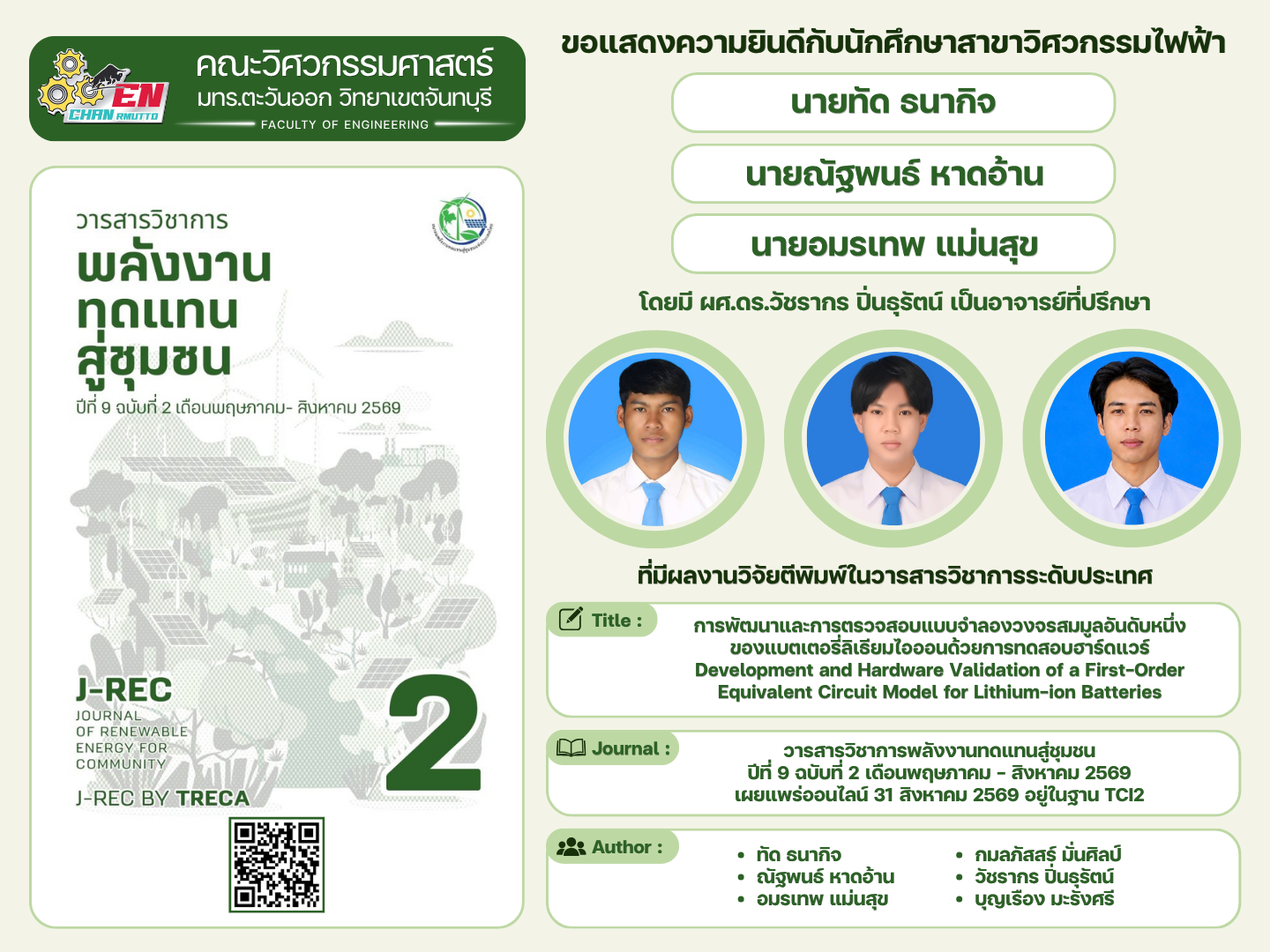 นายทัด ธนากิจ, นายณัฐพนธ์ หาดอ้าน, และนายอมรเทพ แม่นสุข ตีพิมพ์ผลงานวิจัยในวารสารวิชาการระดับประเทศ